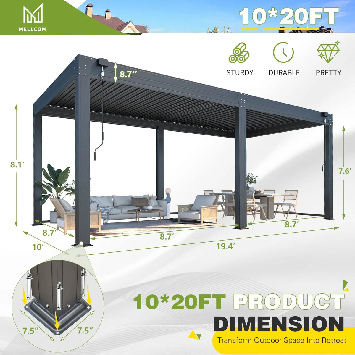 10×20 FT Aluminum Louvered Pergola with 6-Panel Pull-Down Privacy Screen D460