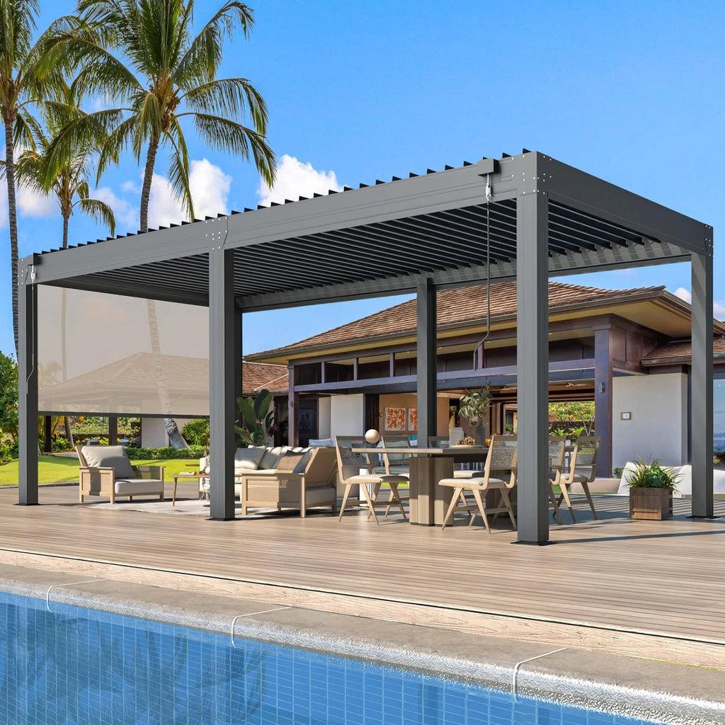 10×20 FT Aluminum Louvered Pergola with 6-Panel Pull-Down Privacy Screen D460