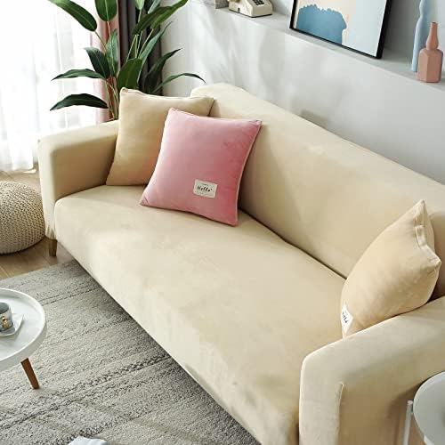 Beige 2 Seater Stretch Velvet Sofa Slipcover with Non Slip Elastic Straps Q831499