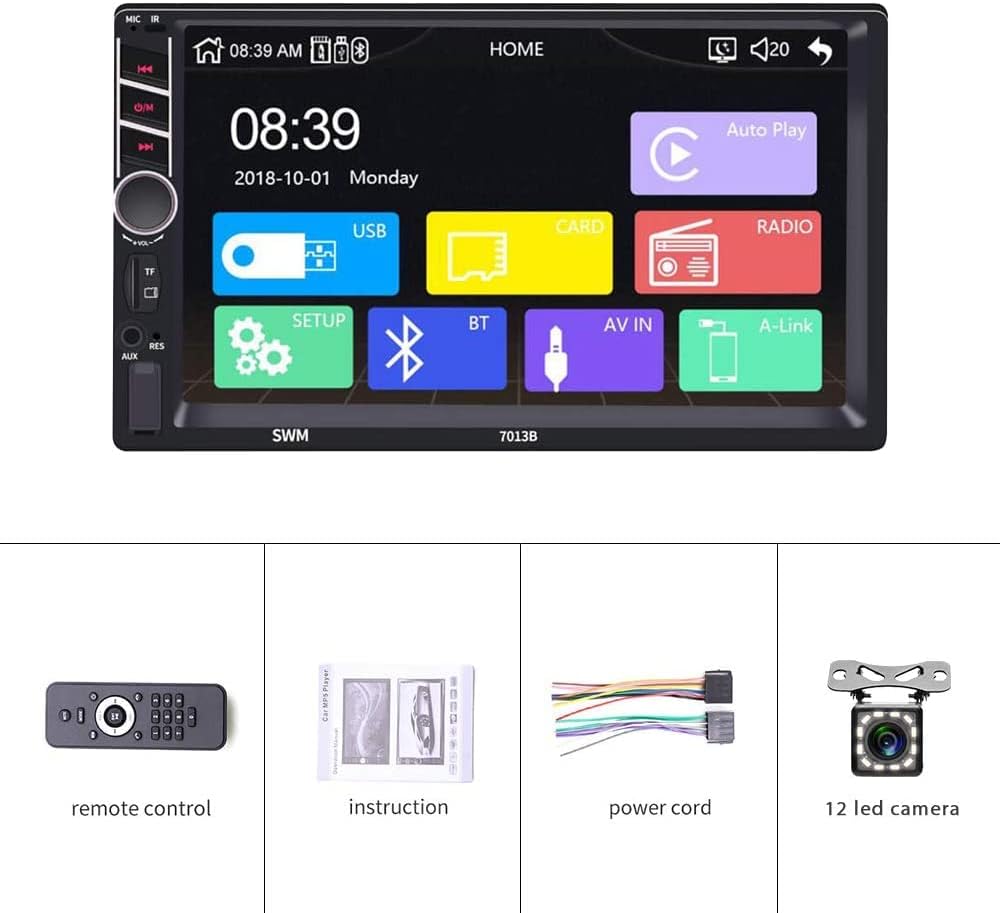 Double Din 7 inch Car Stereo with CarPlay Android Auto HD Touch Screen Multimedia Head Unit MP5 Player FM Receiver Bluetooth Mirror Link SWC AUX/USB/TF Card Backup Camera J89276