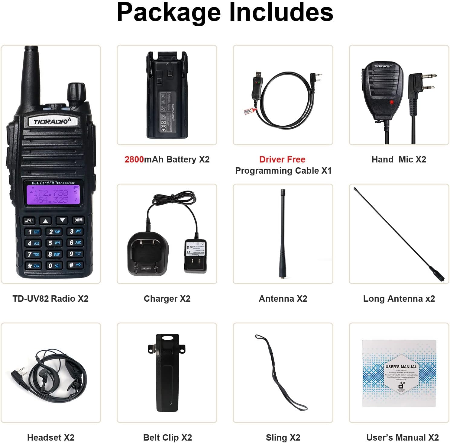 2PCS Dual Band Ham Radio Handheld with Programming Cable and Long Antenna C228864