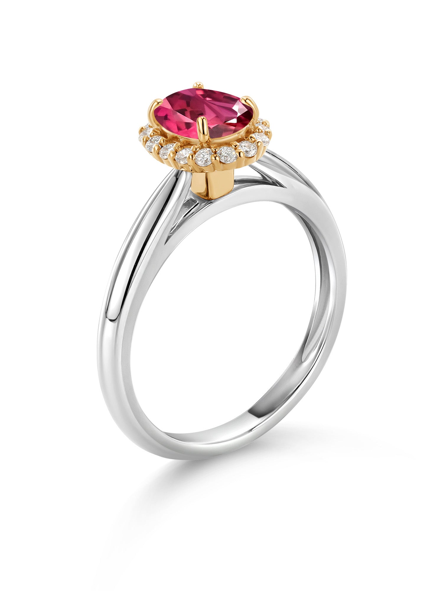 925 Sterling Silver 10k Yellow Gold Pink Tourmaline White Lab Grown Diamond Halo Engagement Ring W303