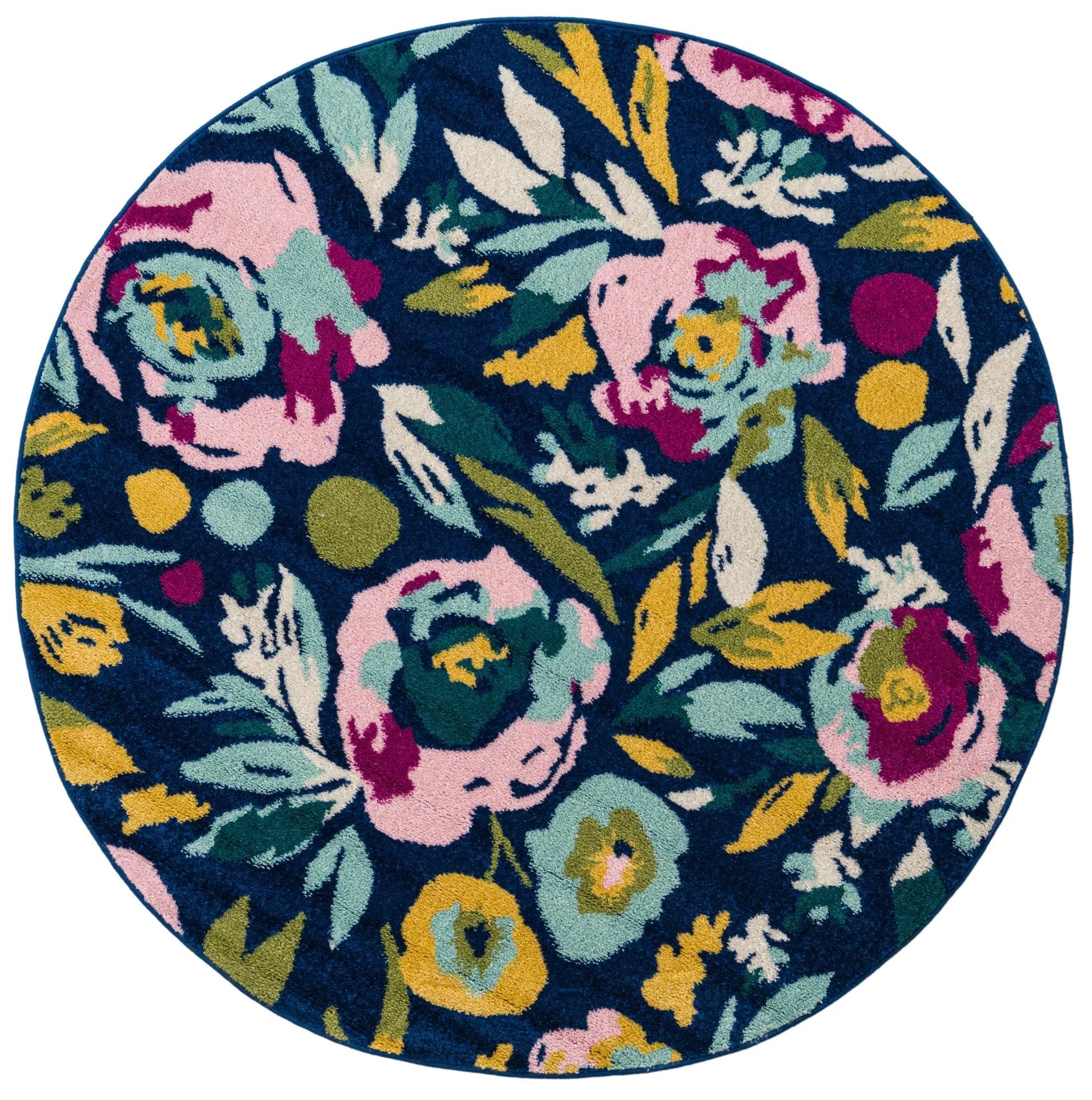 Navy Blue Round Floral Rug E111968