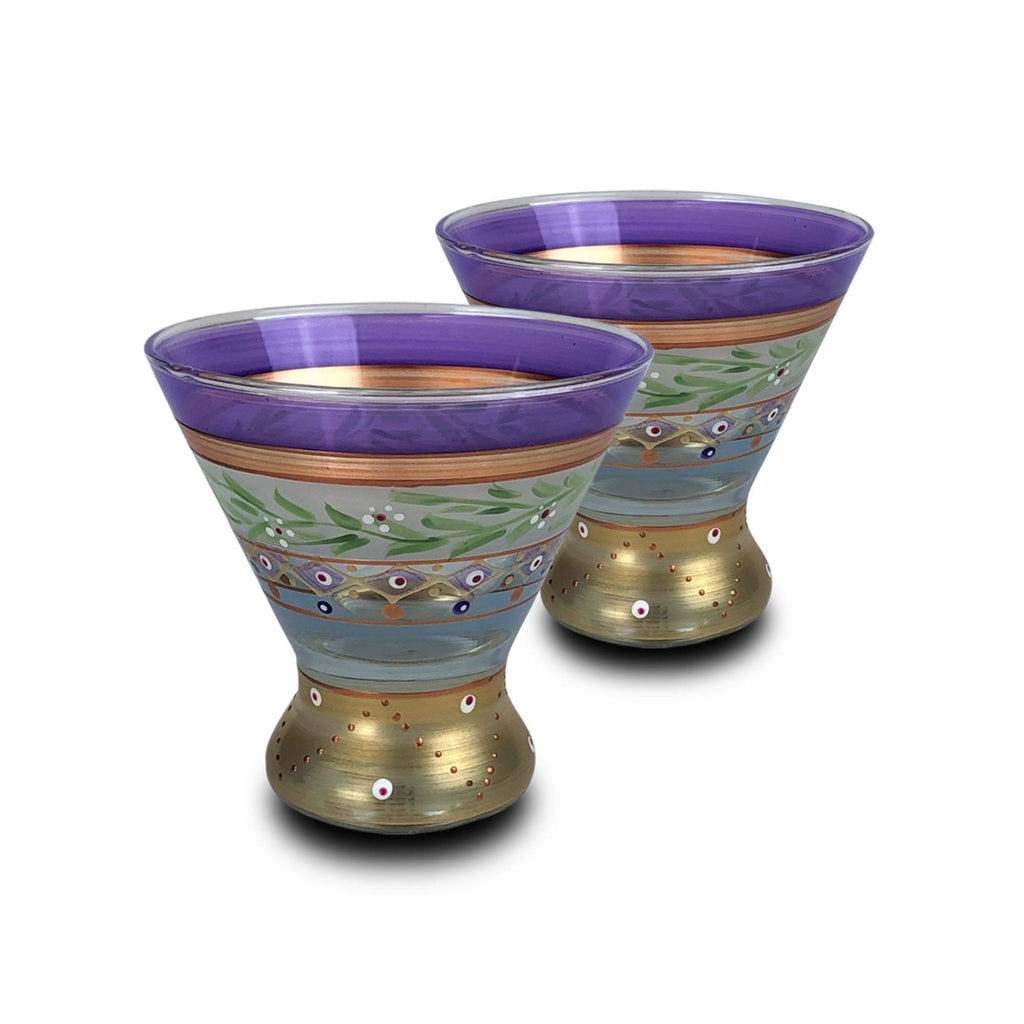 Set of 2 Purple and Green Hand Painted Wine Glass - 8.25 oz Y203