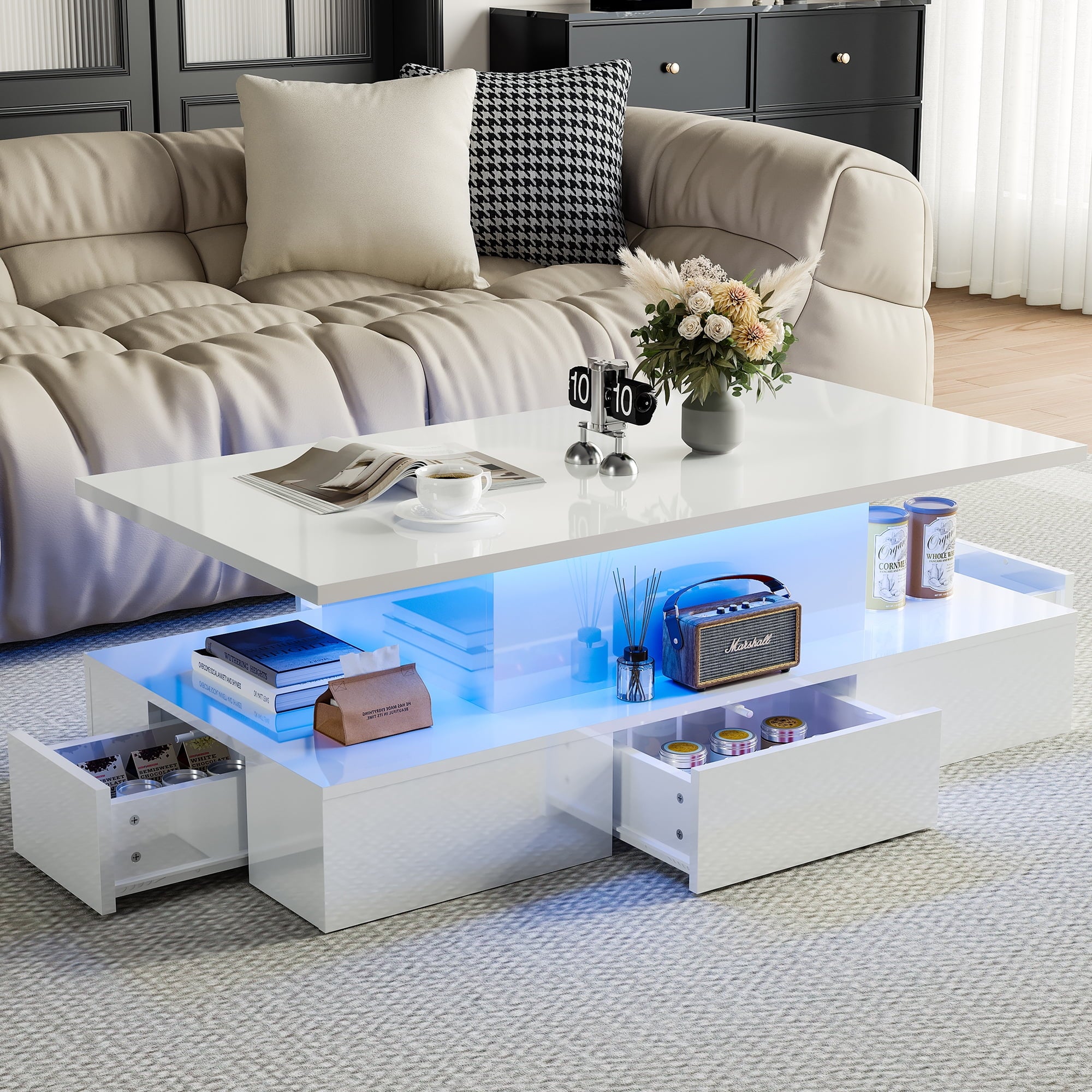 White LED Coffee Table with 4 Drawers C2656