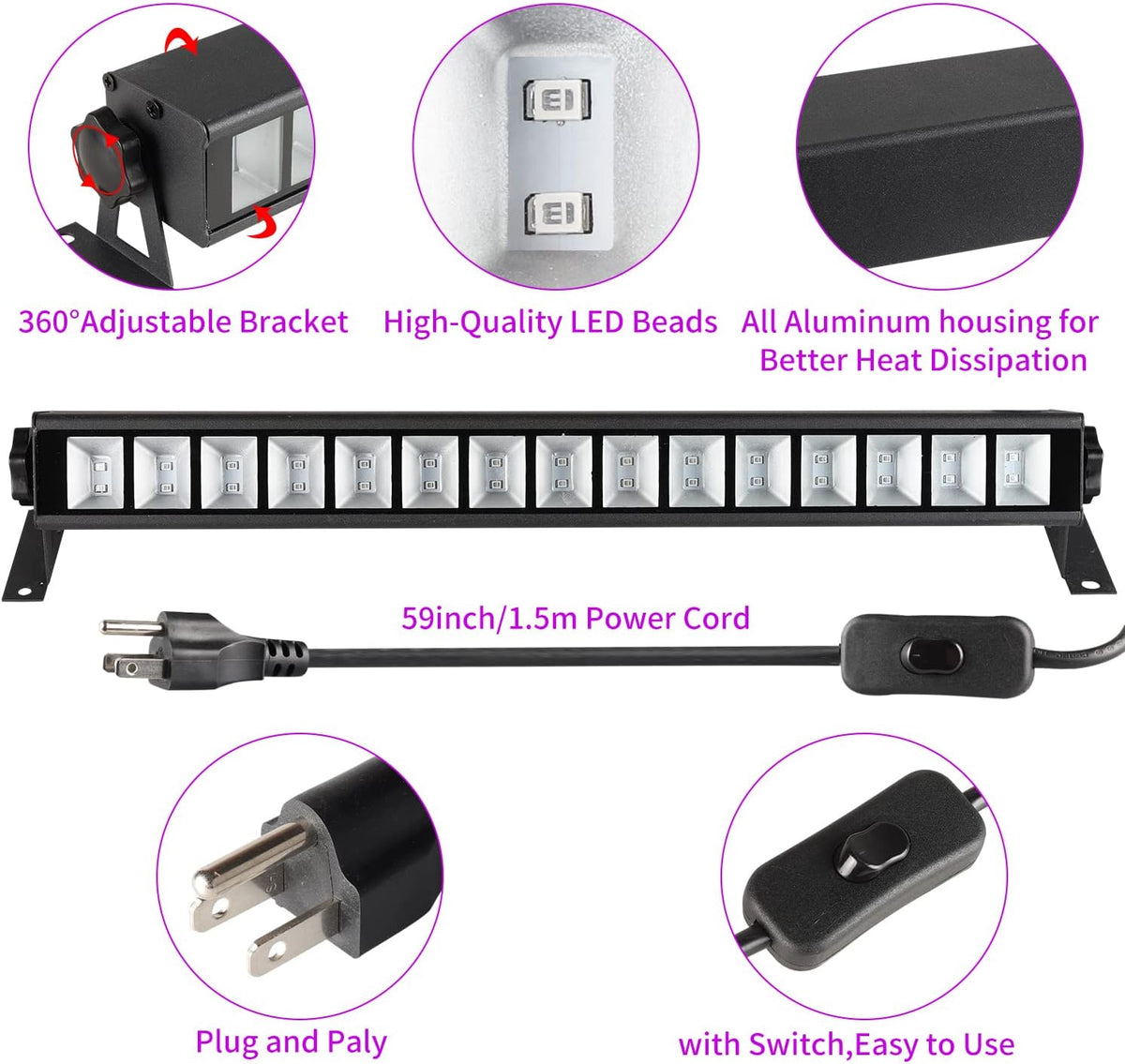 4 Pack 30W Black Light Bar with Switch, Plug and 5ft Cable L34043