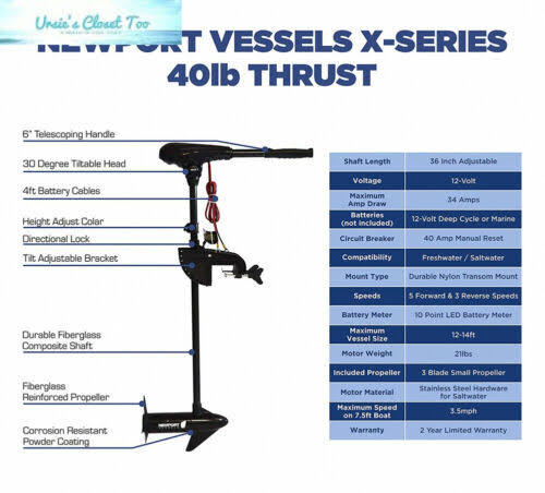 40lb Thrust Transom Mounted Saltwater Electric Trolling Motor N4969