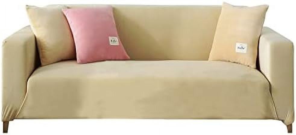 Beige 2 Seater Stretch Velvet Sofa Slipcover with Non Slip Elastic Straps Q831499