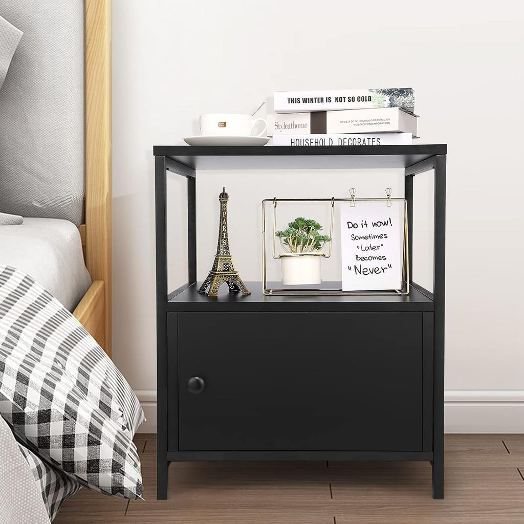 White Industrial Nightstand with Storage Cabinet and Open Shelves L798251