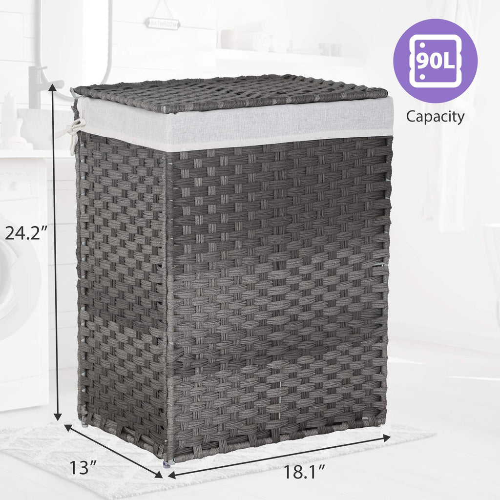 Divided Laundry Hamper 90L/110L Synthetic Rattan Handwoven Double Sorter with Liner Bags Foldable Grey N417793