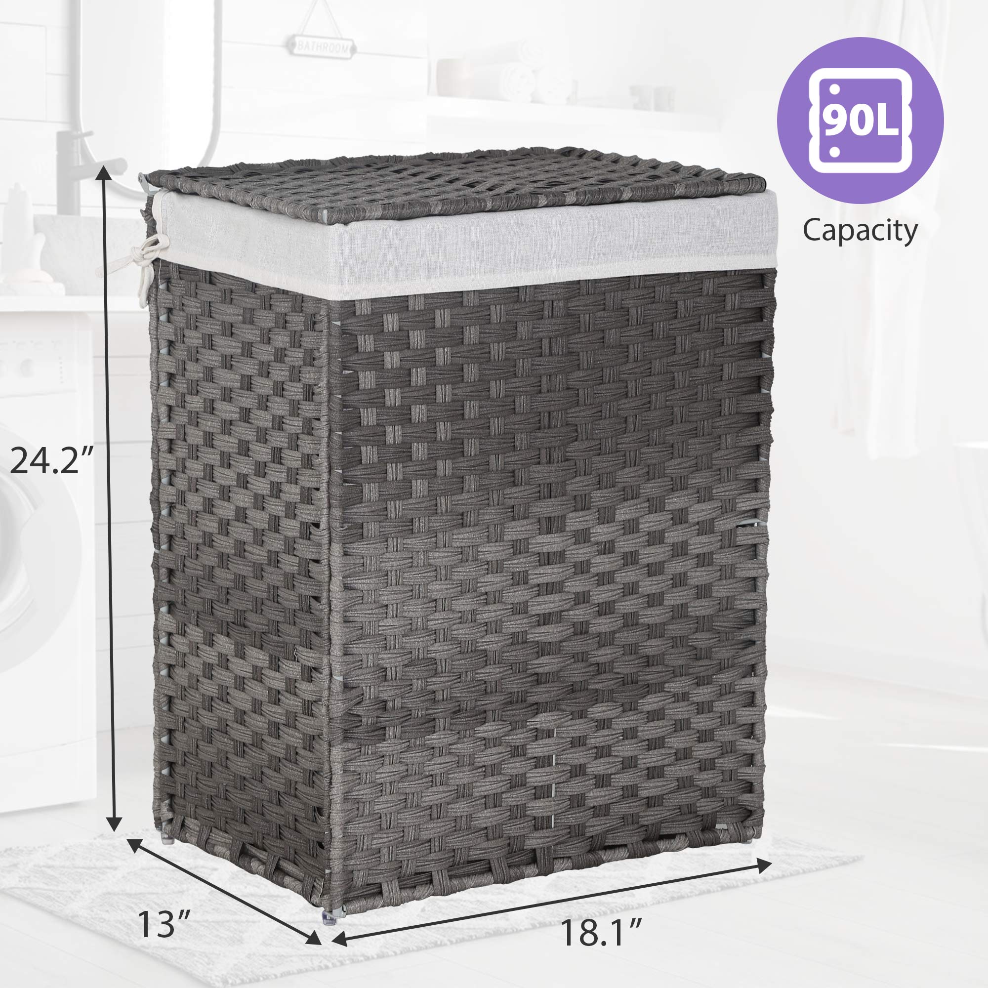 Divided Laundry Hamper 90L/110L Synthetic Rattan Handwoven Double Sorter with Liner Bags Foldable Grey N417793