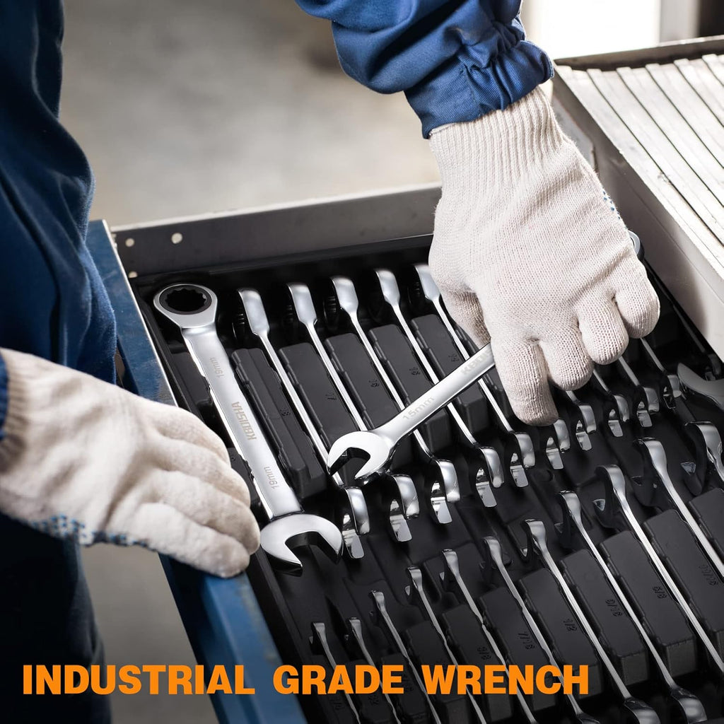 24-Piece Chrome Vanadium Steel Ratcheting Combination Wrench Set with Metric & SAE 72-Tooth X968