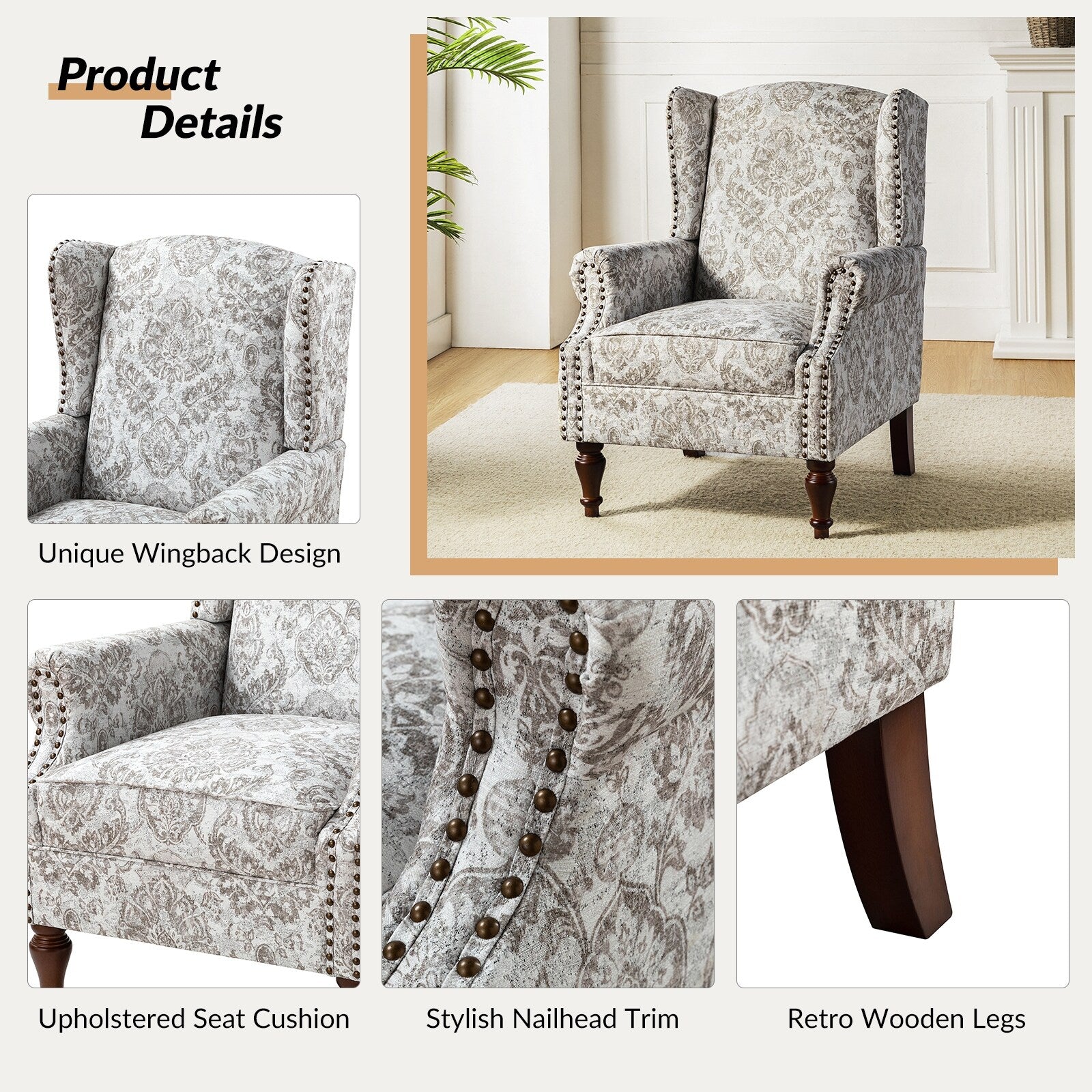 Beige Wingback Accent Chair with Spindle Legs I196