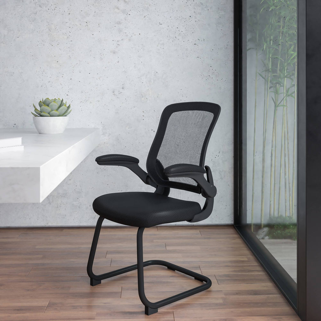 Black Mesh Sled Base Office Chair with Flip-Up Arms A1167