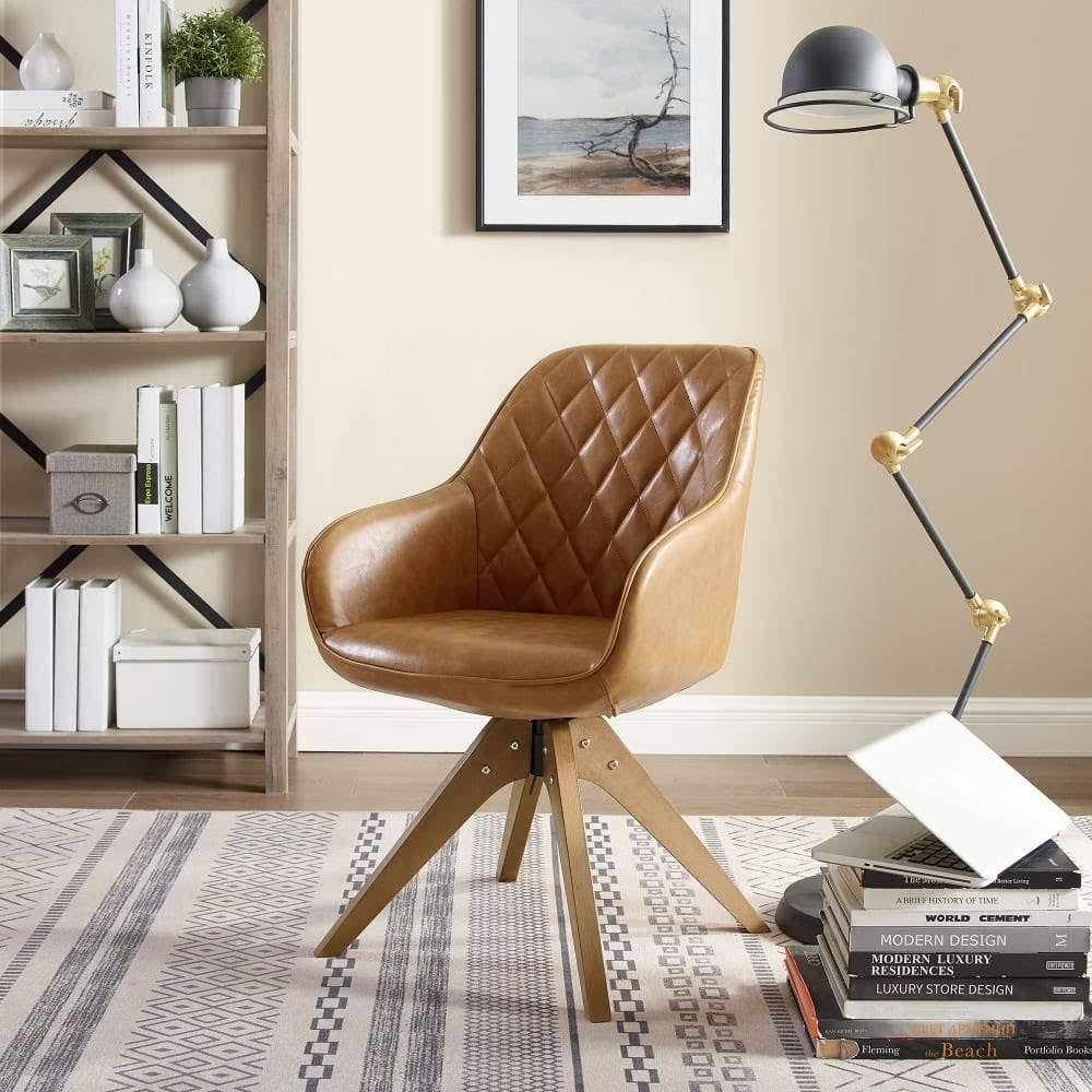 Camel Faux Leather Swivel Accent Arm Chair with Wood Legs M72393