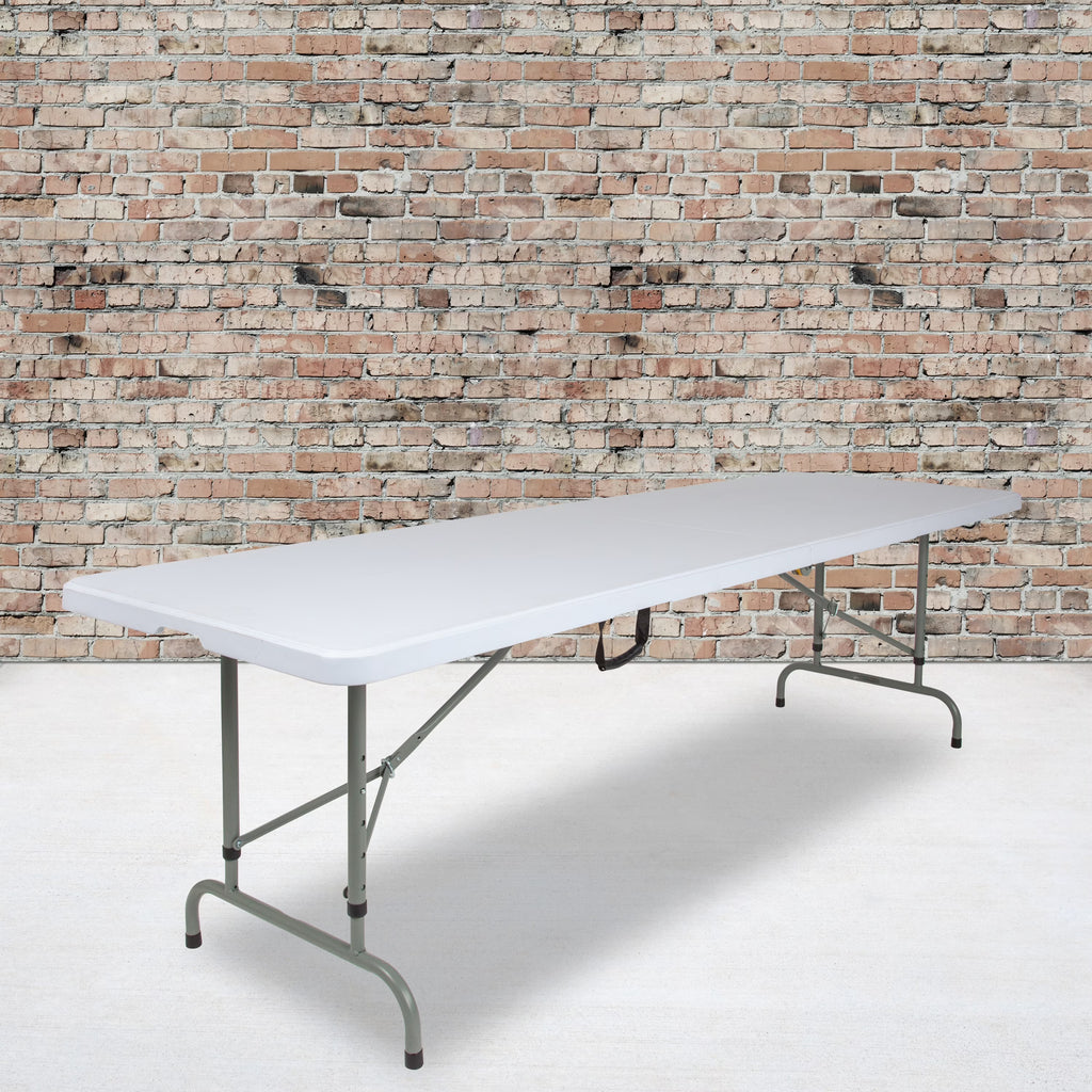 8-Foot Height Adjustable Granite White Plastic Folding Table with Carrying Handle W225624