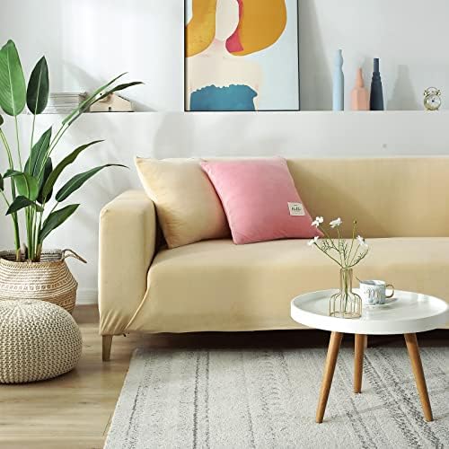 Beige 2 Seater Stretch Velvet Sofa Slipcover with Non Slip Elastic Straps Q831499