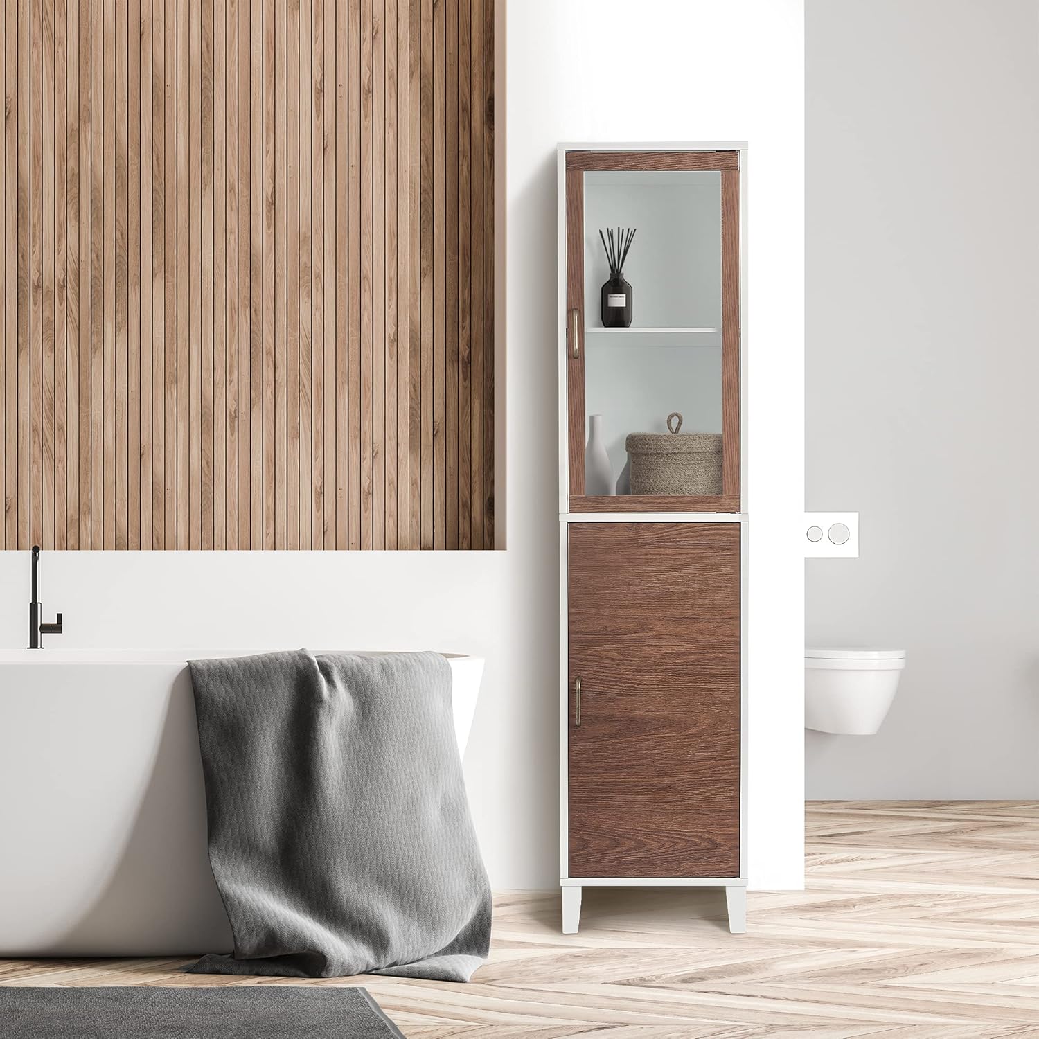 White Natural Wood Bathroom Linen Cabinet L768230