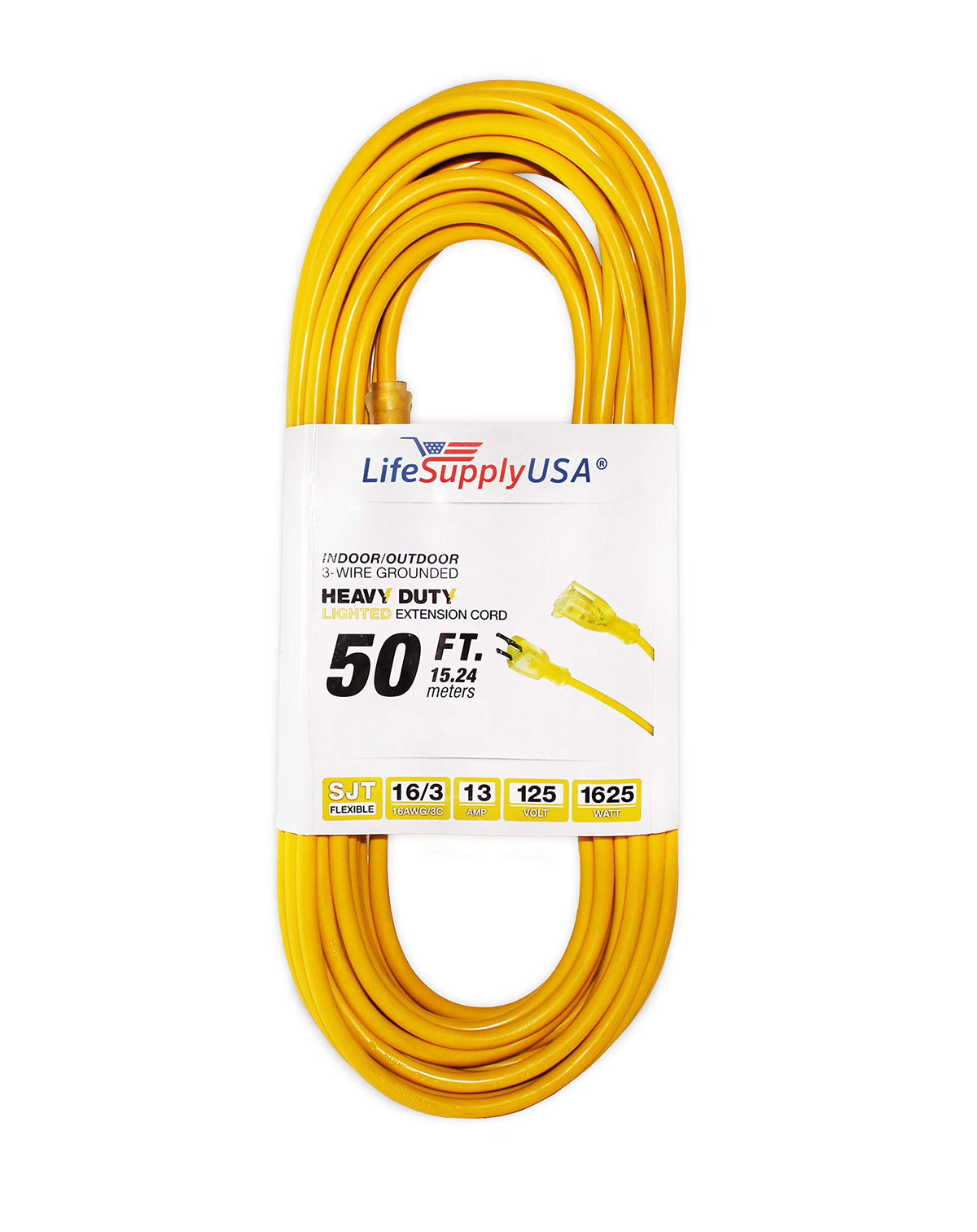 50ft Heavy Duty Extension Cord, 16/3 SJT, 13A, 125V, 1625W, Lighted End N320