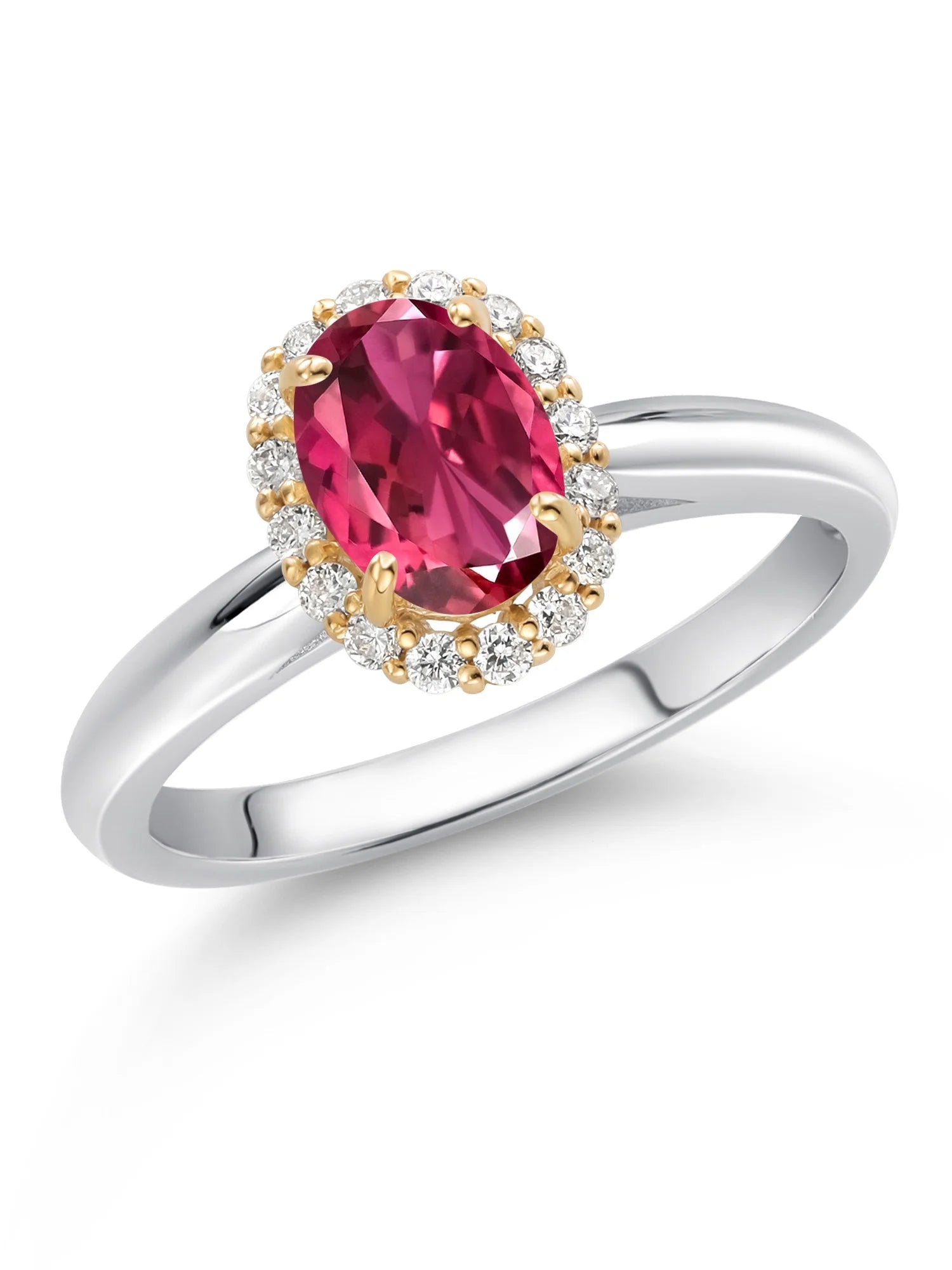 925 Sterling Silver 10k Yellow Gold Pink Tourmaline White Lab Grown Diamond Halo Engagement Ring W303