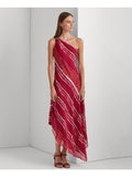 Pink Striped Sleeveless Asymmetrical Neckline Maxi Shift Dress X88566