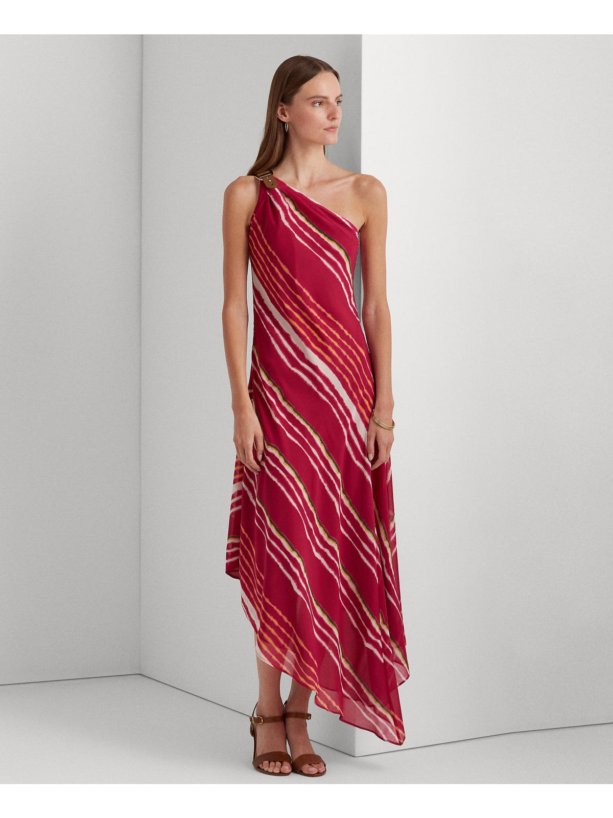 Pink Striped Sleeveless Asymmetrical Neckline Maxi Shift Dress X88566