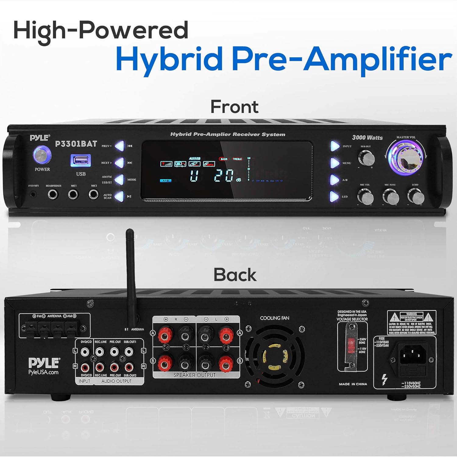 Wireless Bluetooth Stereo Amplifier with AM/FM Radio, MP3/USB, AUX, RCA, Karaoke Mic in, Rack Mount, Remote A53611